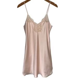 Vintage Fifth Avenue Pale Pink Lace Trim Satin Slip Lingerie Nightgown Size M